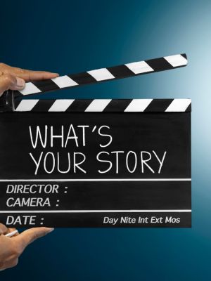 Close up of a cinema slate with the words "What's your story"
